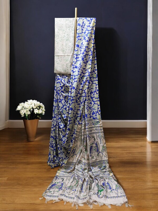 Indigo Kalamkari Print Saree with Unstitched Blouse