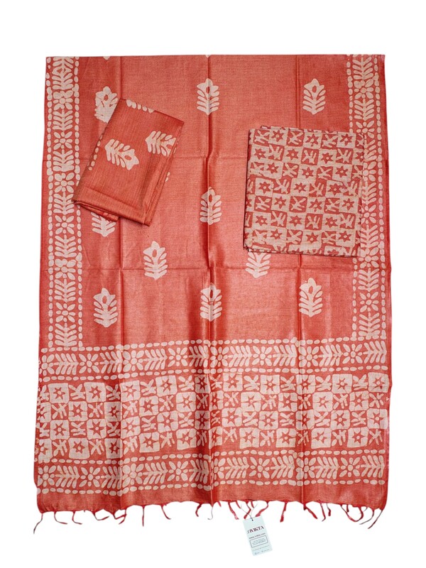 Orange Unstitched Batik Print Cotton Salwar Suit Dress Material with Dupatta