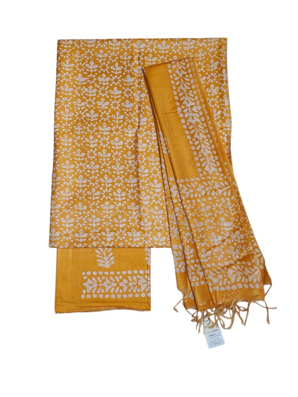 Yellow Unstitched Batik Print Katan Silk Salwar Suit Dress Material with Dupatta