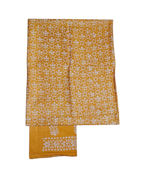 Yellow Unstitched Batik Print Katan Silk Salwar Suit Dress Material with Dupatta