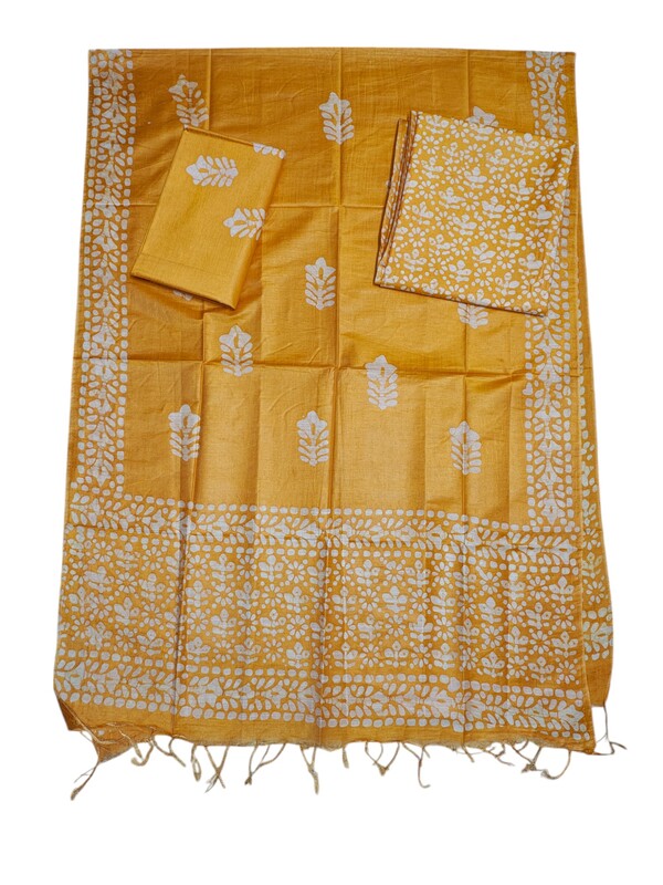 Yellow Unstitched Batik Print Katan Silk Salwar Suit Dress Material with Dupatta
