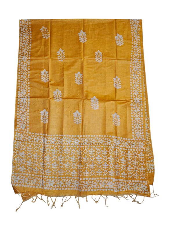 Yellow Unstitched Batik Print Katan Silk Salwar Suit Dress Material with Dupatta
