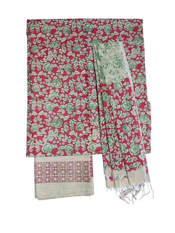 Maroon & Green Unstitched Kalamkari Print Cotton Salwar Suit Dress Material with Dupatta