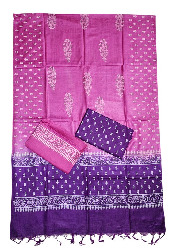 Pink & Purple Unstitched Block Print Silk Salwar Suit Dress Material with Dupatta