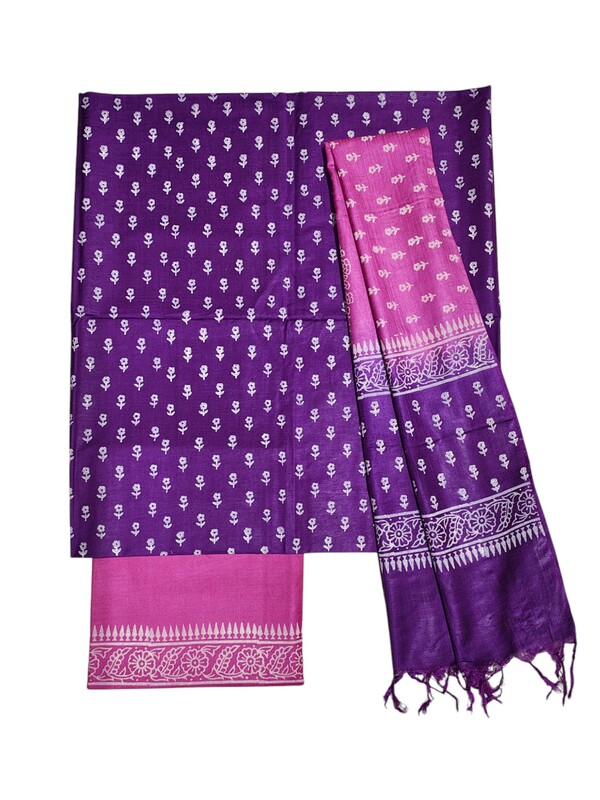Pink & Purple Unstitched Block Print Silk Salwar Suit Dress Material with Dupatta