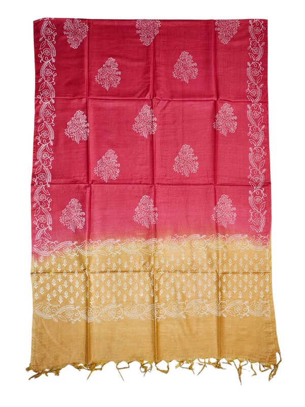 Pink & Yellow Unstitched Batik Print Silk Salwar Suit Dress Material with Dupatta