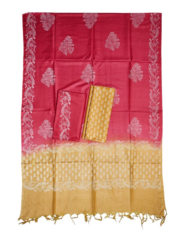 Pink & Yellow Unstitched Batik Print Silk Salwar Suit Dress Material with Dupatta