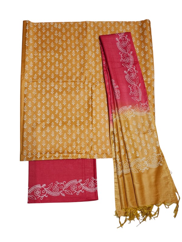 Pink & Yellow Unstitched Batik Print Silk Salwar Suit Dress Material with Dupatta