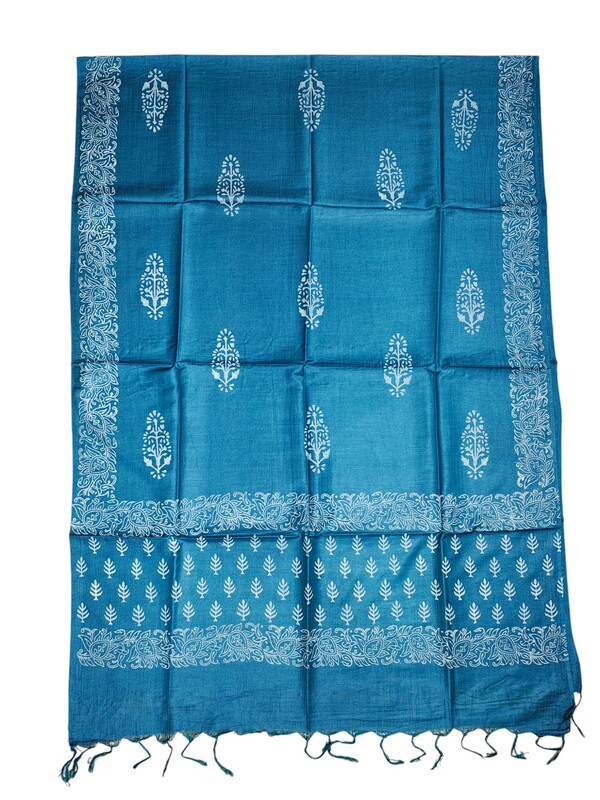 Turquoise Unstitched Block Print Silk Salwar Suit Dress Material with Dupatta