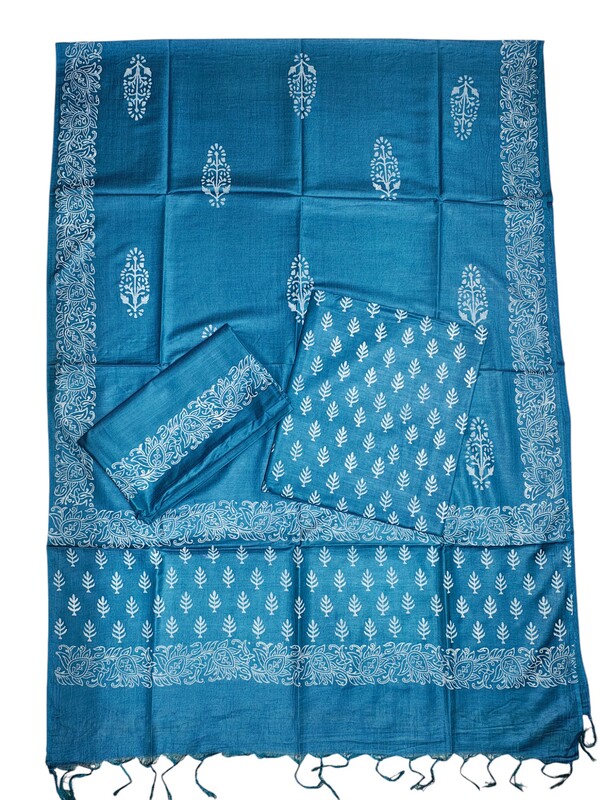 Turquoise Unstitched Block Print Silk Salwar Suit Dress Material with Dupatta
