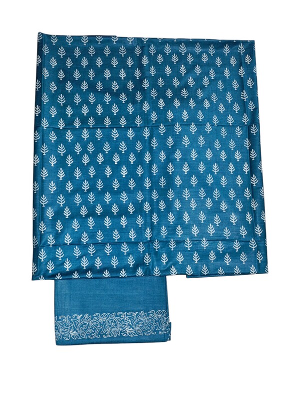 Turquoise Unstitched Block Print Silk Salwar Suit Dress Material with Dupatta