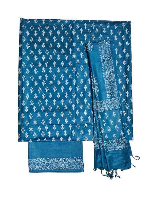 Turquoise Unstitched Block Print Silk Salwar Suit Dress Material with Dupatta