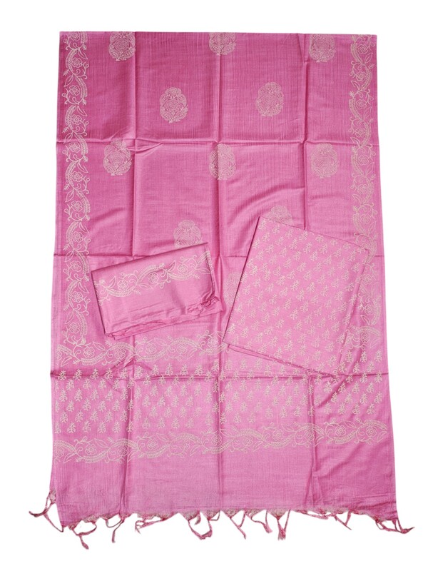 Pink Hand Block Print Unstitched Silk Salwar Suit Dress Material with Dupatta