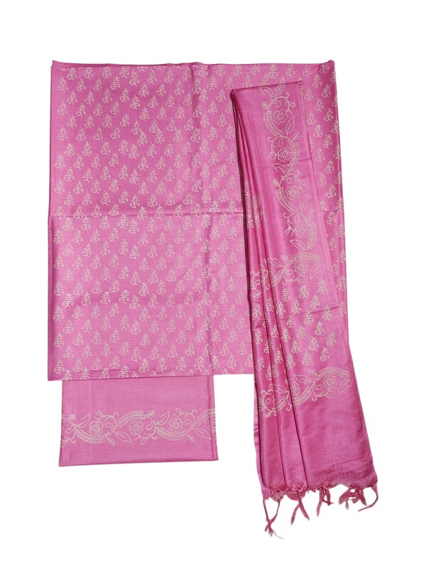 Pink Hand Block Print Unstitched Silk Salwar Suit Dress Material with Dupatta