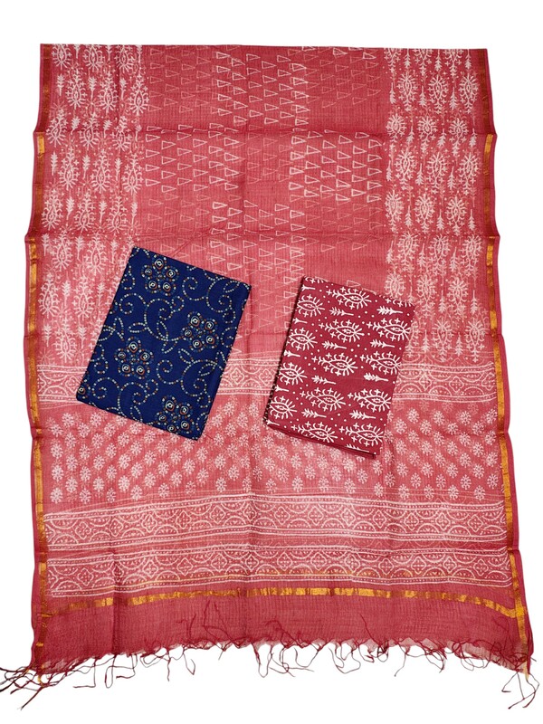 Indigo & Red Unstitched Hand block Print Cotton Salwar Suit Set with Kota Doria Dupatta