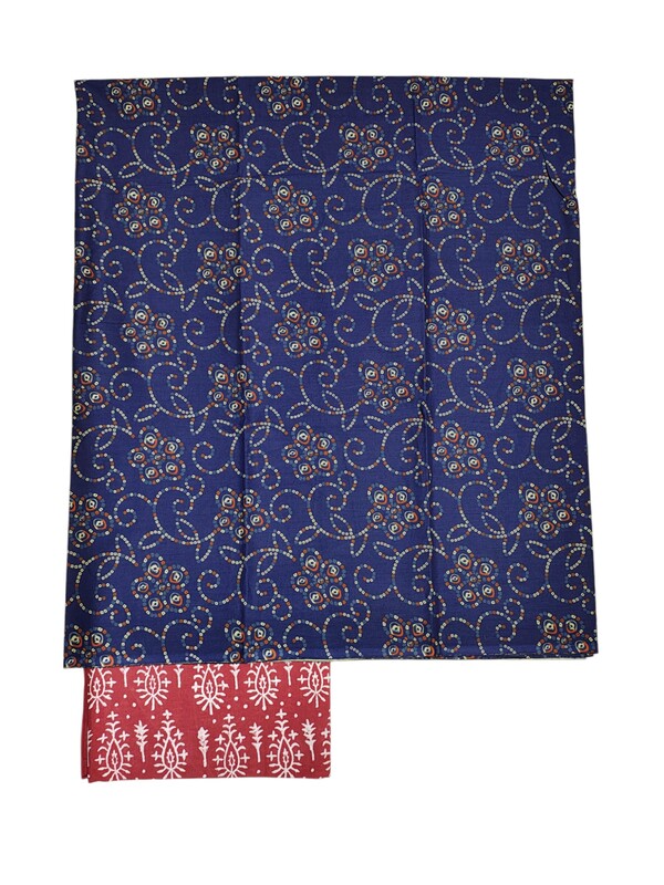 Indigo & Red Unstitched Hand block Print Cotton Salwar Suit Set with Kota Doria Dupatta