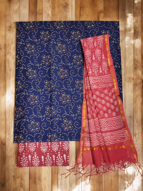 Indigo & Red Unstitched Hand block Print Cotton Salwar Suit Set with Kota Doria Dupatta