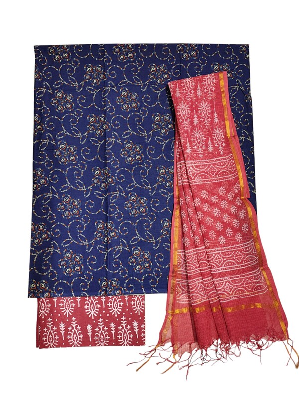 Indigo & Red Unstitched Hand block Print Cotton Salwar Suit Set with Kota Doria Dupatta