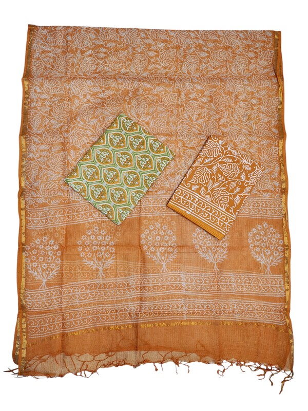 Mustard & Green Unstitched Hand block Print Cotton Salwar Suit Set with Kota Doria Dupatta for Women