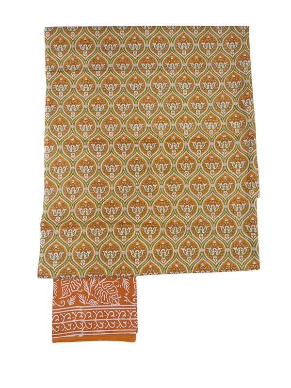 Mustard & Green Unstitched Hand block Print Cotton Salwar Suit Set with Kota Doria Dupatta for Women