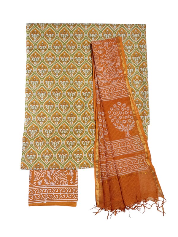 Mustard & Green Unstitched Hand block Print Cotton Salwar Suit Set with Kota Doria Dupatta for Women