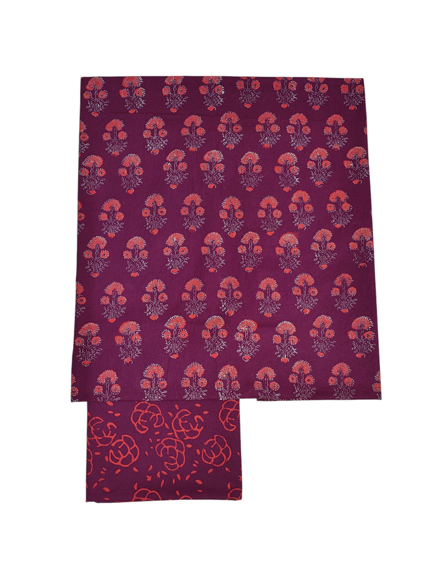 Wine Unstitched Hand block Print Cotton Salwar Suit Set with Linen Dupatta for Women