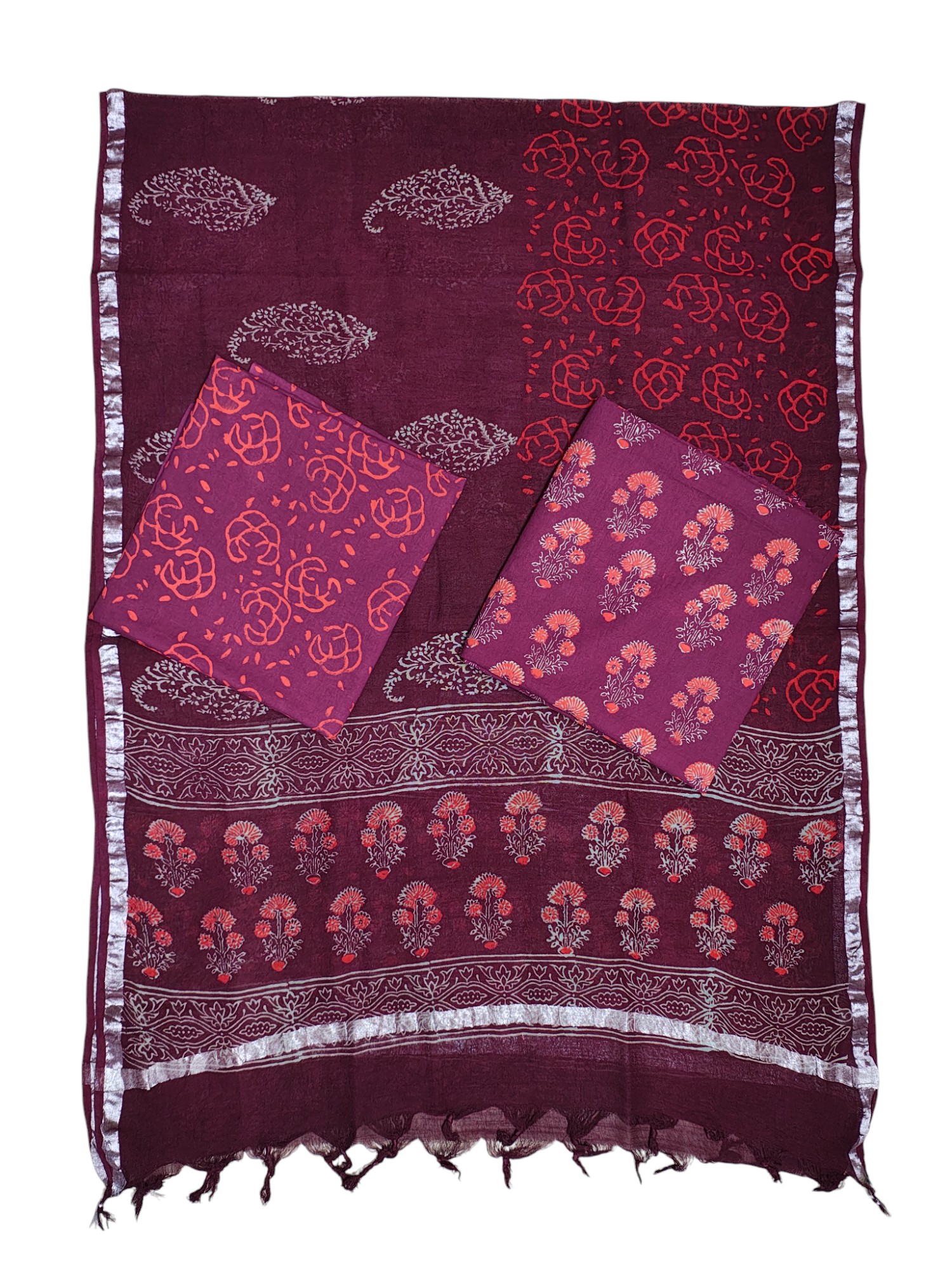 Wine Unstitched Hand block Print Cotton Salwar Suit Set with Linen Dupatta for Women