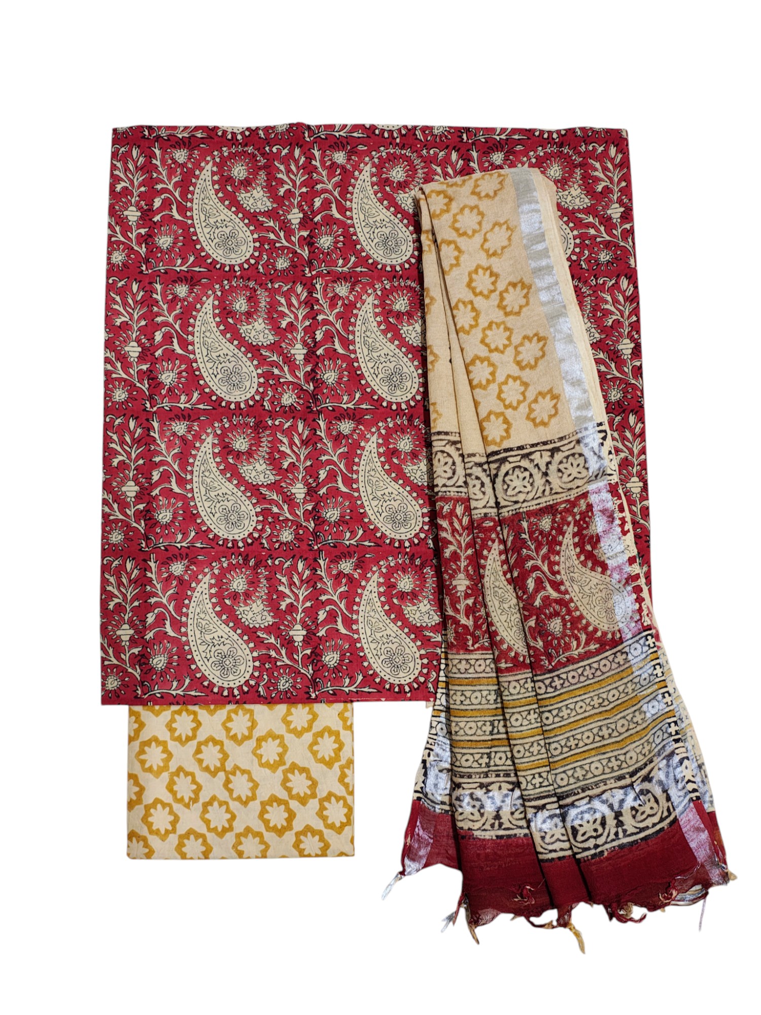 Dark Red Bagru Block Printed Pure Cotton Unstitched Suit Set