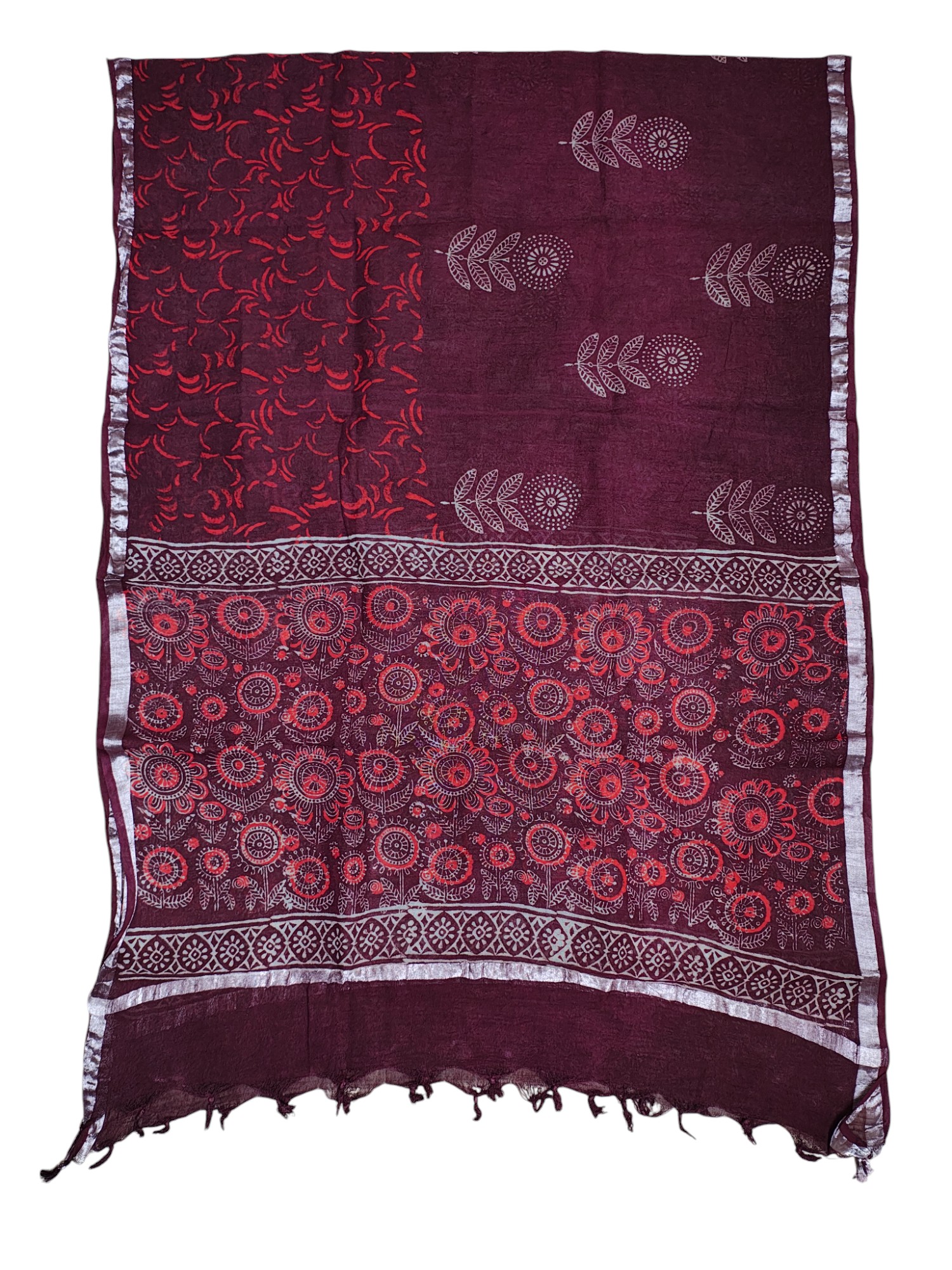 Wine Ajrakh Print Cotton Unstitched Salwar Suit Set with Linen Dupatta for Women