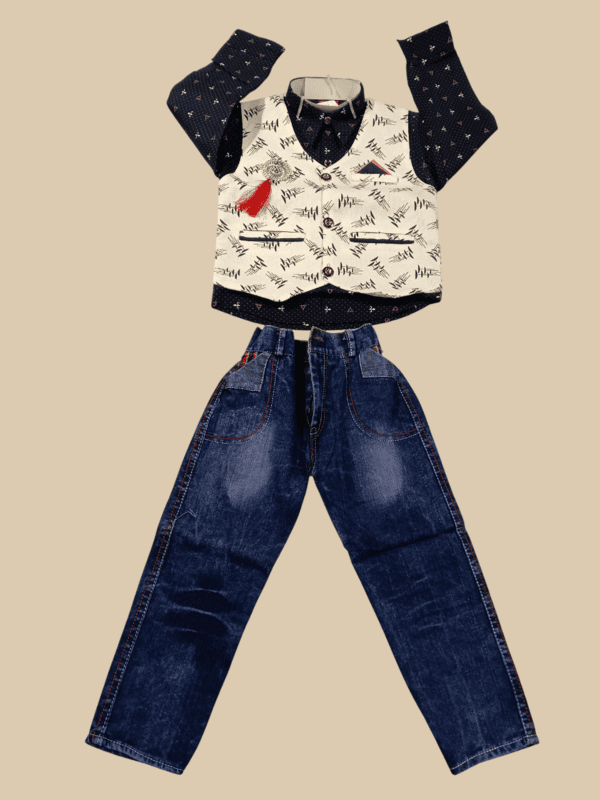 navy blue full-sleeve shirt, a white printed waistcoat, and blue denim jeans D.8/6 B.5263