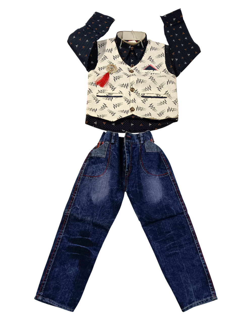 navy blue full-sleeve shirt, a white printed waistcoat, and blue denim jeans D.8/6 B.5263 navy blue full-sleeve shirt, a white printed waistcoat, and blue denim jeans D.8/6 B.5263