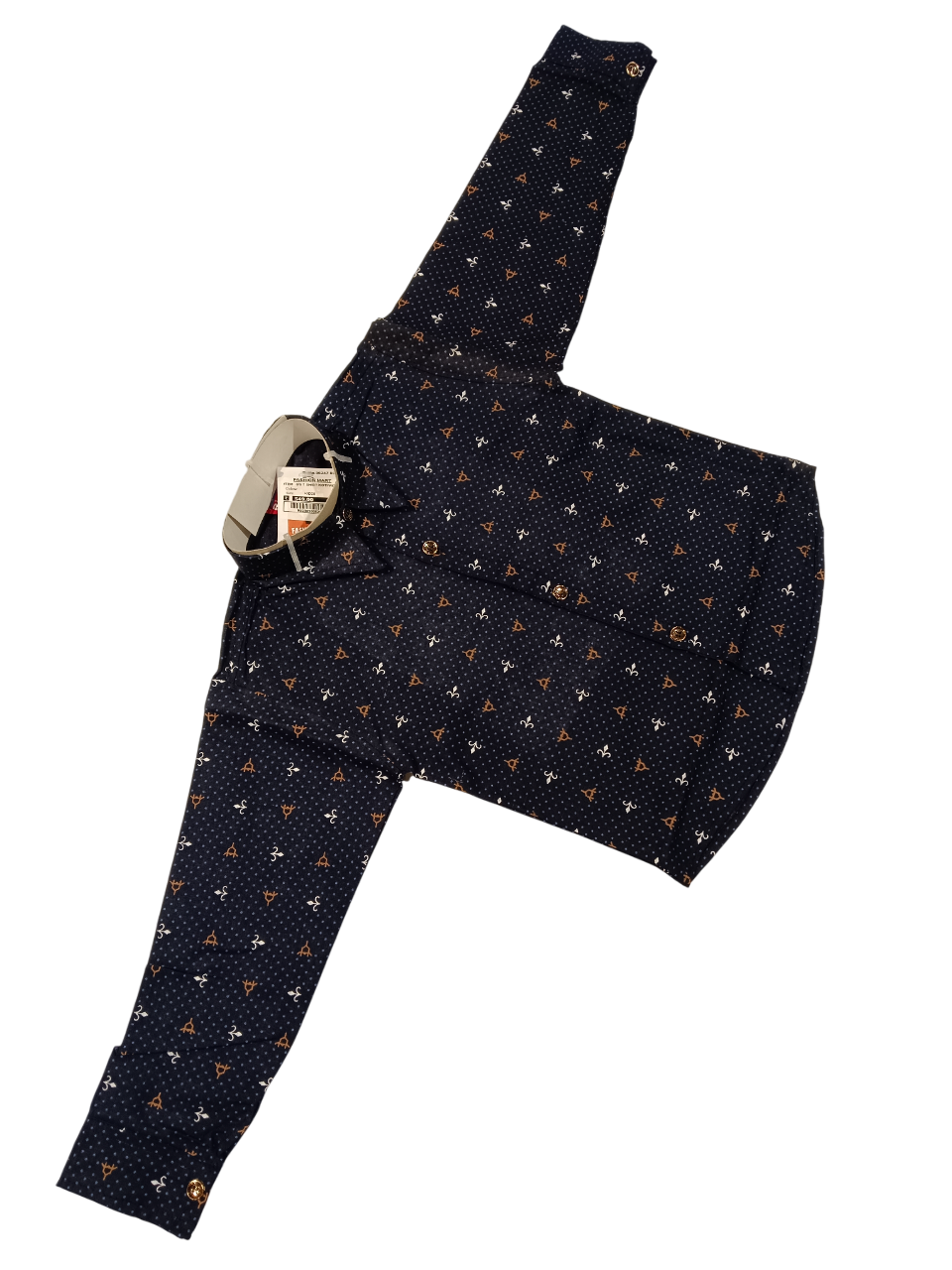navy blue full-sleeve shirt, a white printed waistcoat, and blue denim jeans D.8/6 B.5263 navy blue full-sleeve shirt, a white printed waistcoat, and blue denim jeans D.8/6 B.5263