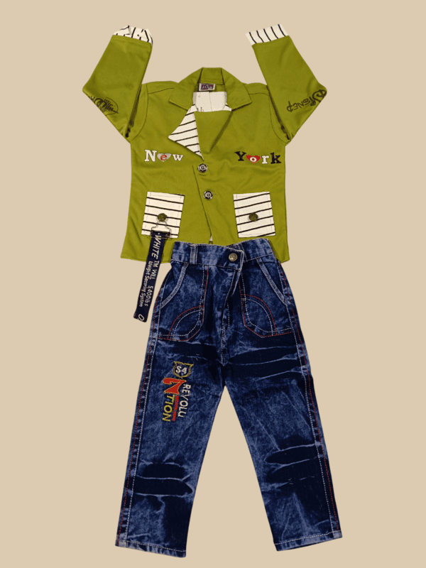 green blazer-style top and blue denim jeans. D.4/6 B.5269