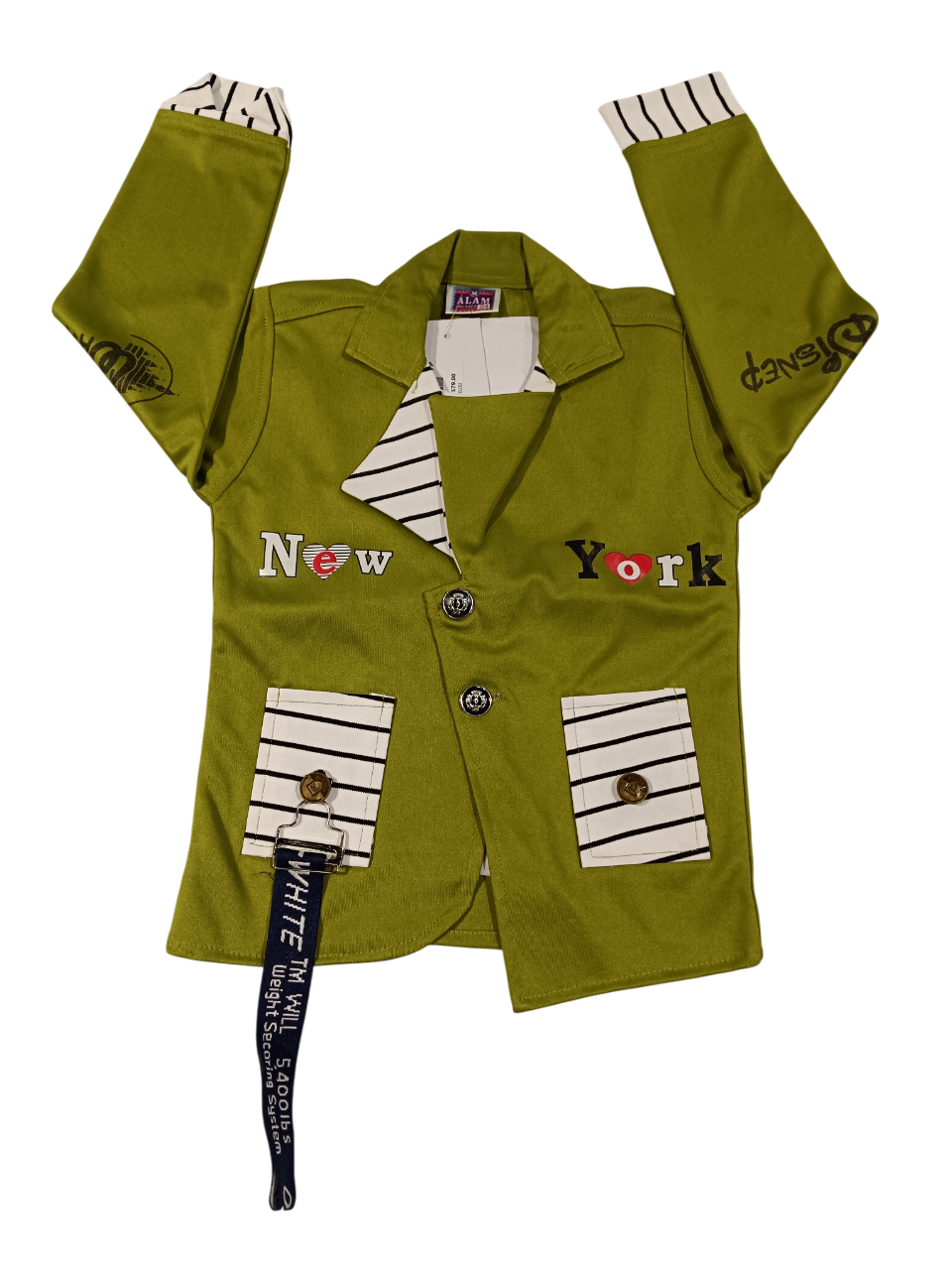 green blazer-style top and blue denim jeans. D.4/6 B.5269 green blazer-style top and blue denim jeans. D.4/6 B.5269