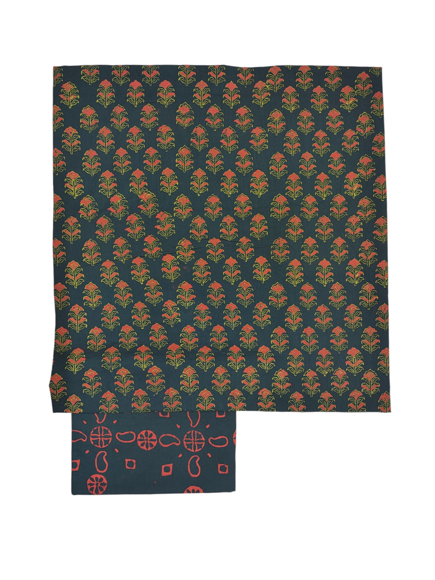 Green Ajrakh Print Cotton Unstitched Salwar Suit Set with Linen Dupatta