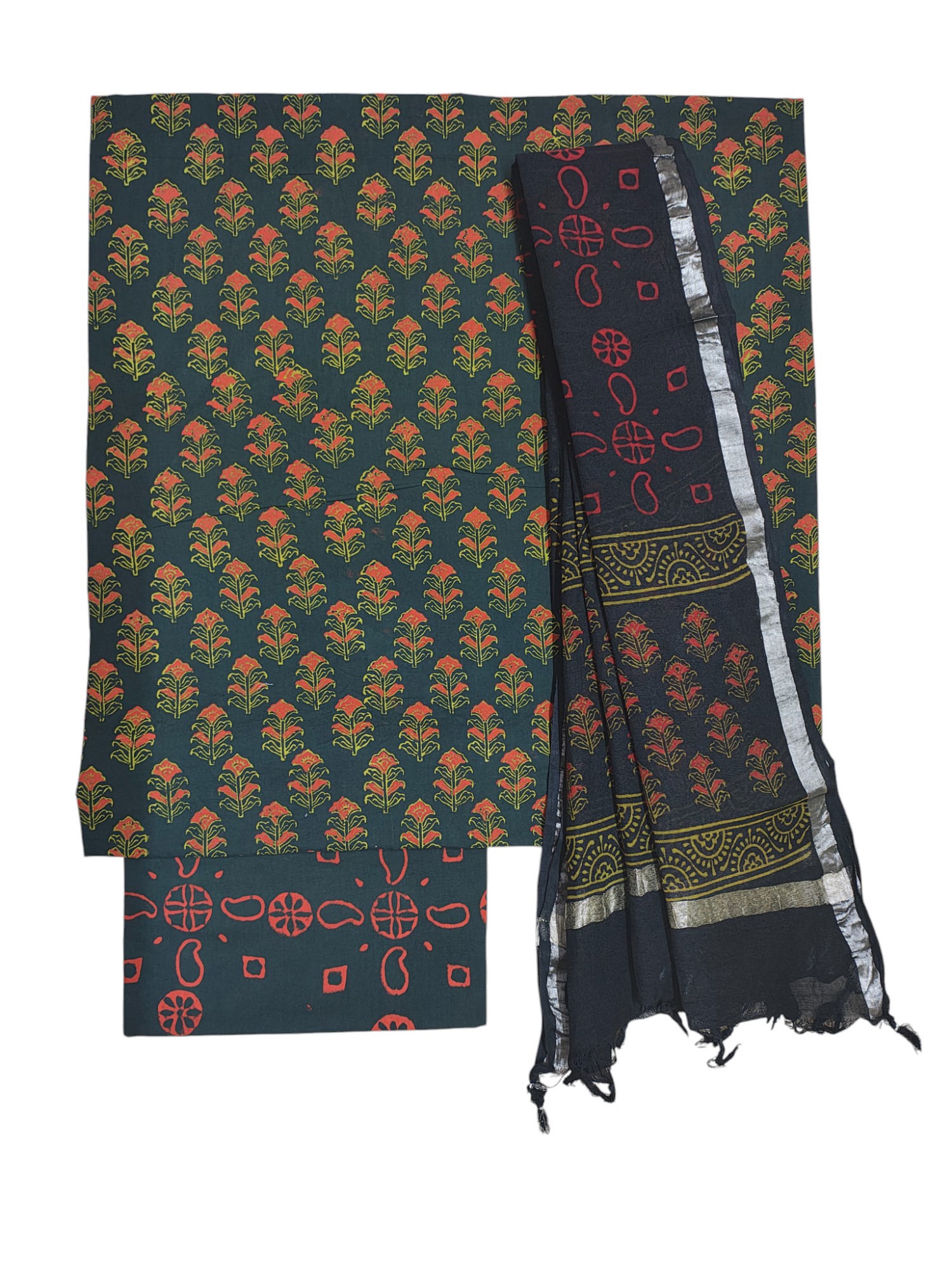 Green Ajrakh Print Cotton Unstitched Salwar Suit Set with Linen Dupatta