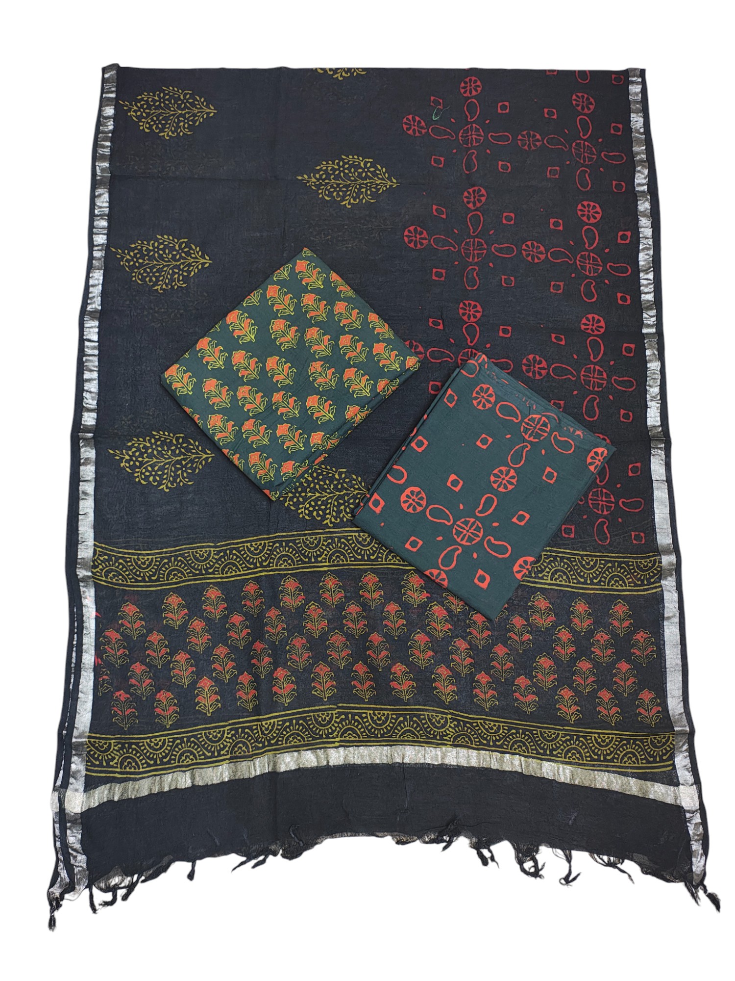 Green Ajrakh Print Cotton Unstitched Salwar Suit Set with Linen Dupatta