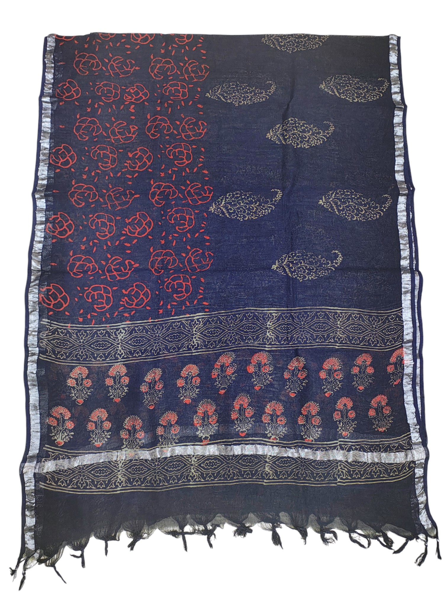 Indigo Ajrakh Print Unstitched Suit Set with Linen Dupatta