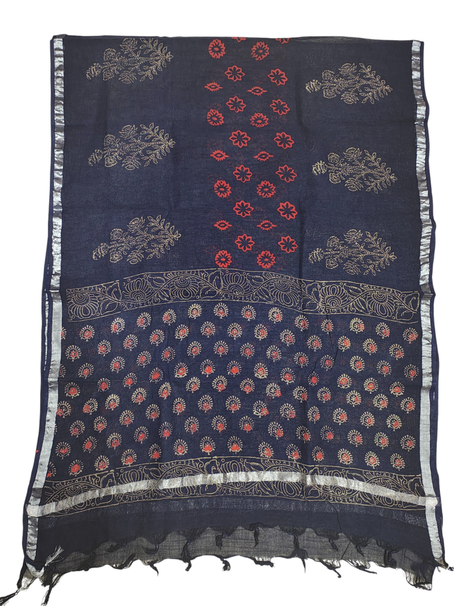 Indigo Ajrakh Print Cotton Unstitched Salwar Suit Set with Linen Dupatta