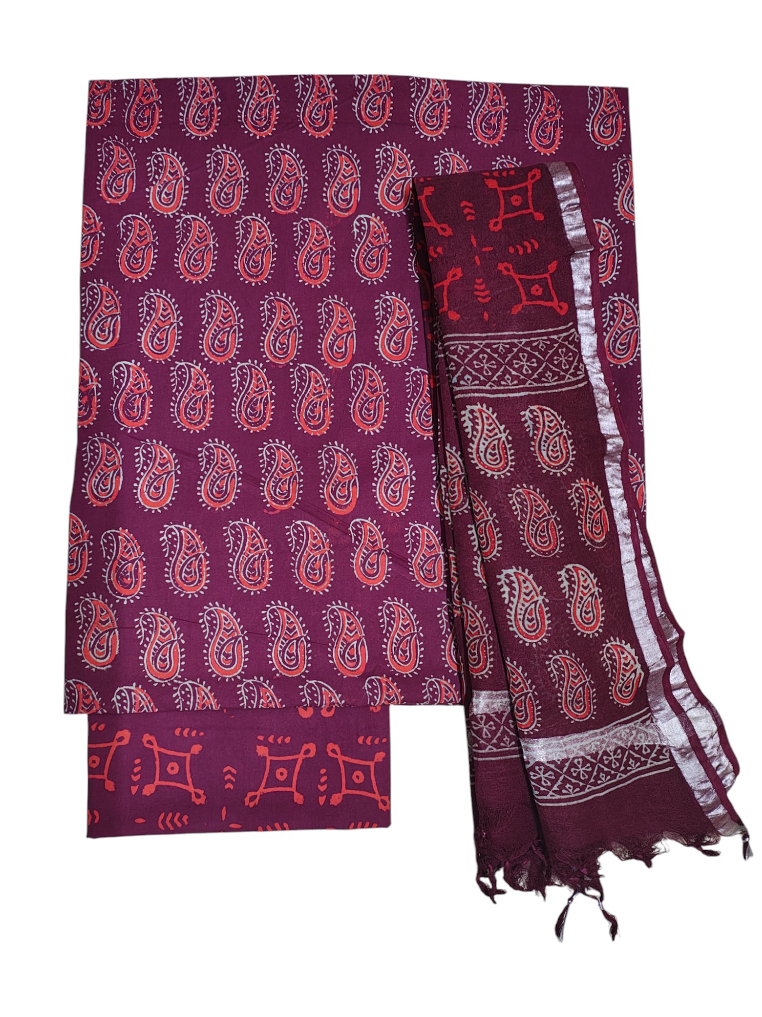 Wine Ajrakh Print Pure Cotton Unstitched Suit Set with Linen Dupatta for Women
