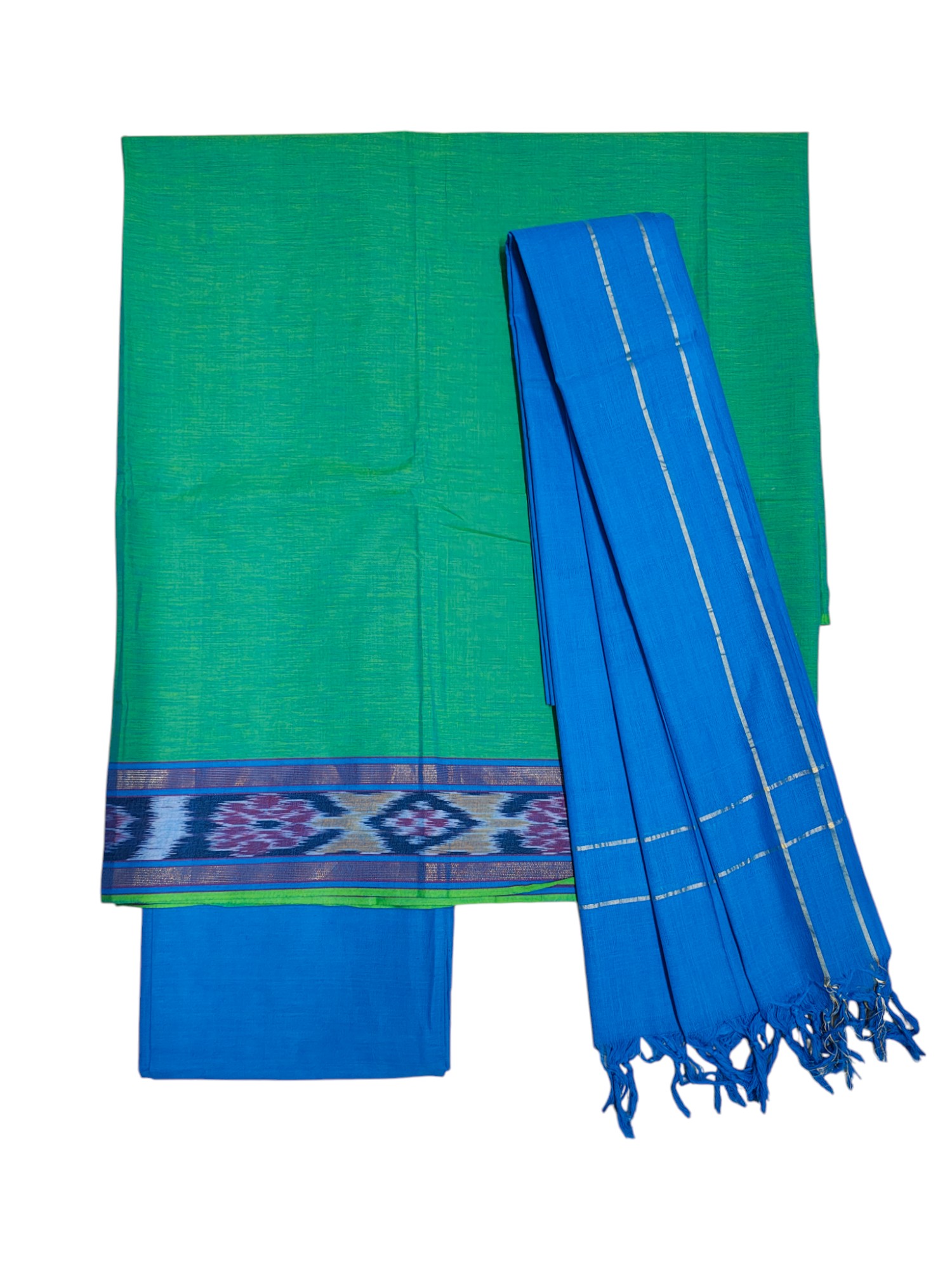 Green & Blue Handloom Mangalagiri Cotton Plain Unstitched Salwar Suit with Ikkat Border for Women