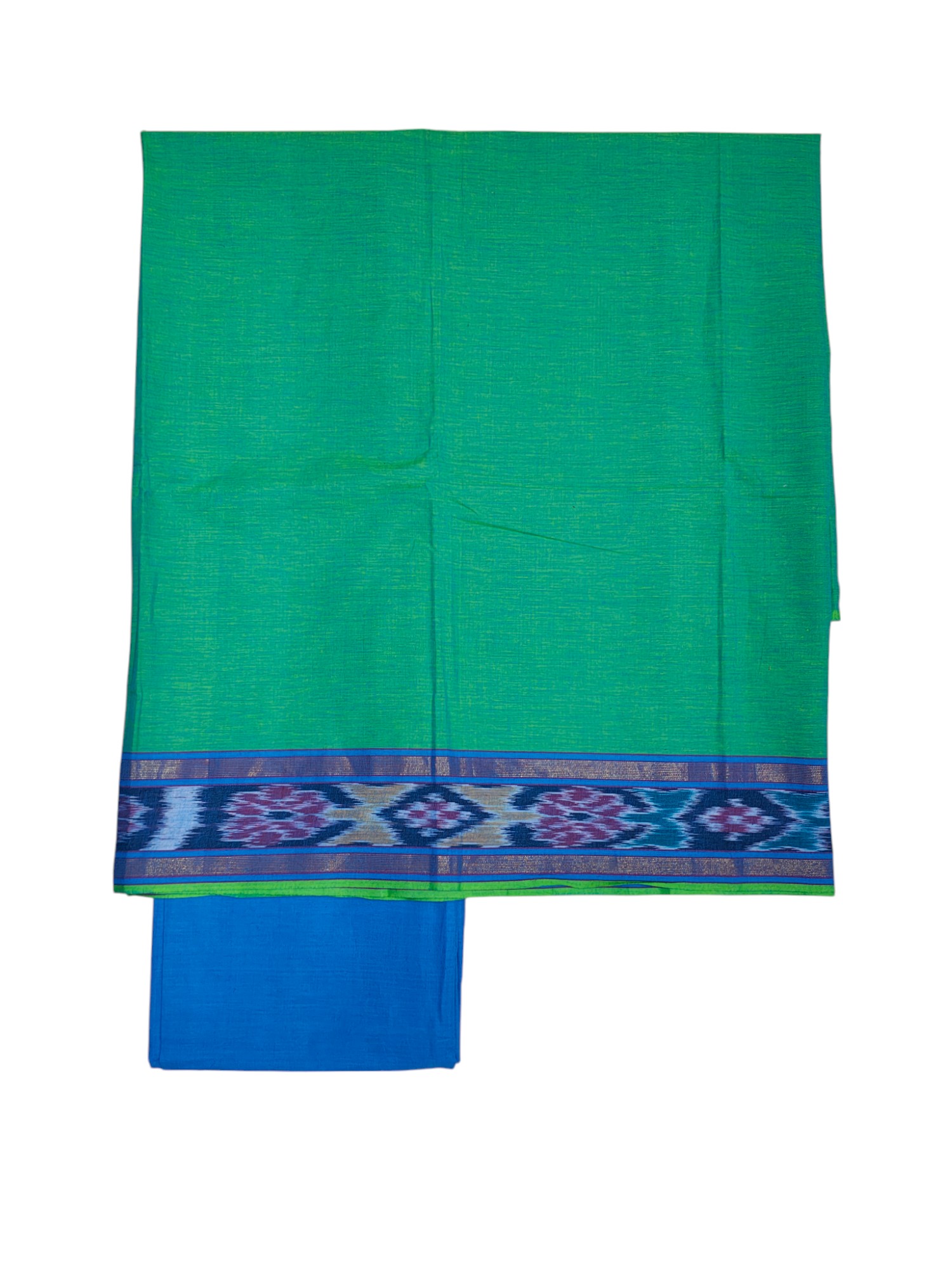 Green & Blue Handloom Mangalagiri Cotton Plain Unstitched Salwar Suit with Ikkat Border for Women