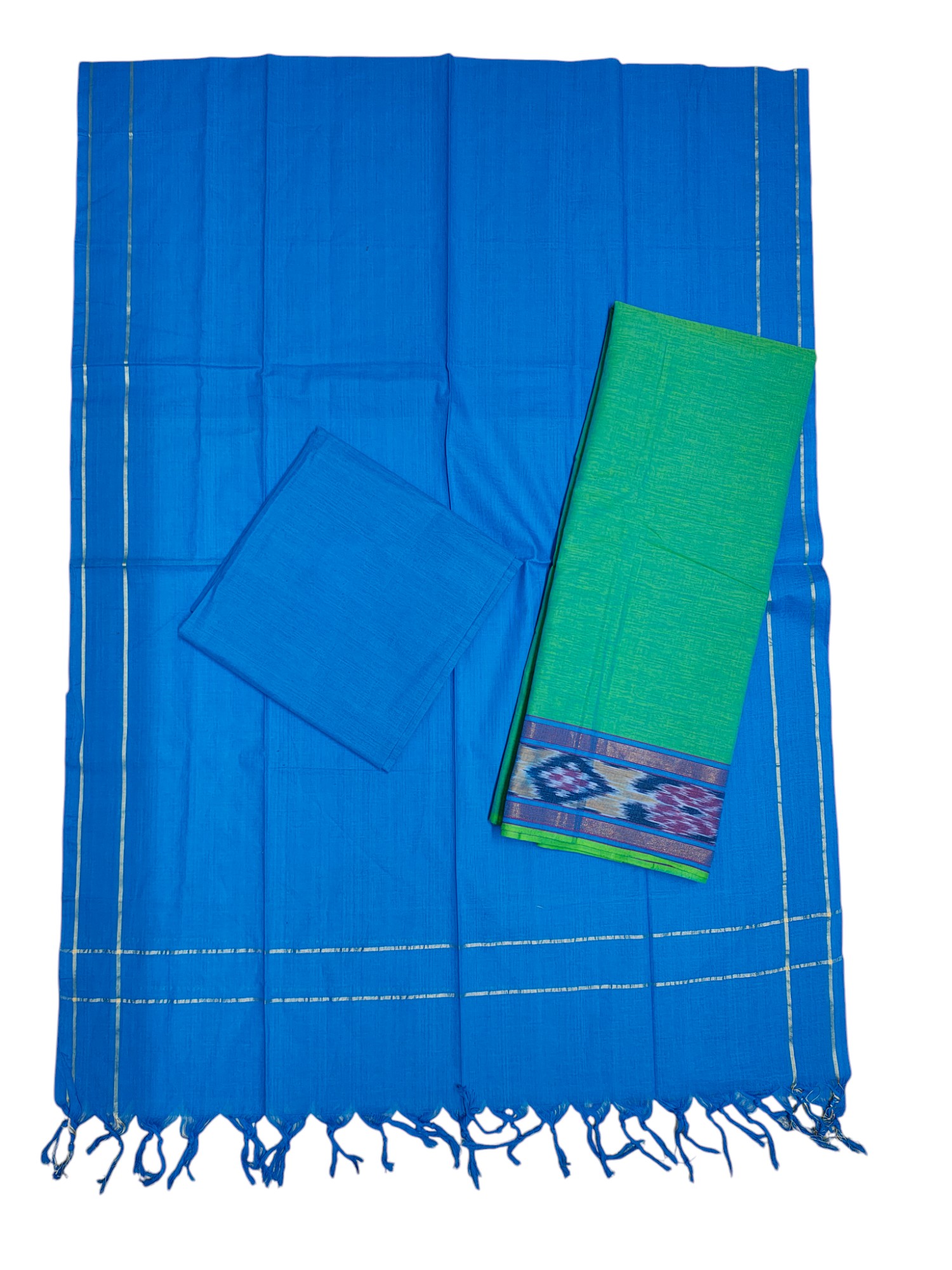 Green & Blue Handloom Mangalagiri Cotton Plain Unstitched Salwar Suit with Ikkat Border for Women