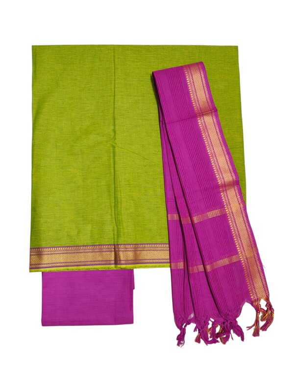 Green & Pink Mangalagiri Cotton Unstitched Salwar Suit Set with Dupatta for Women
