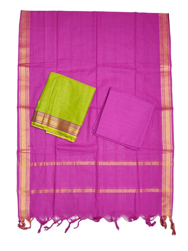 Green & Pink Mangalagiri Cotton Unstitched Salwar Suit Set with Dupatta for Women