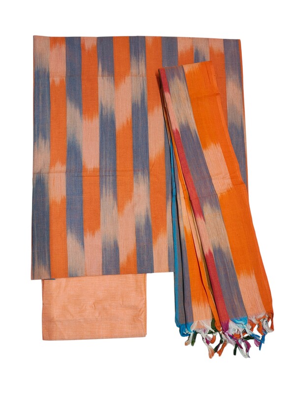 Orange Ikkat Cotton Unstitched Salwar Suit Dress Material with Dupatta