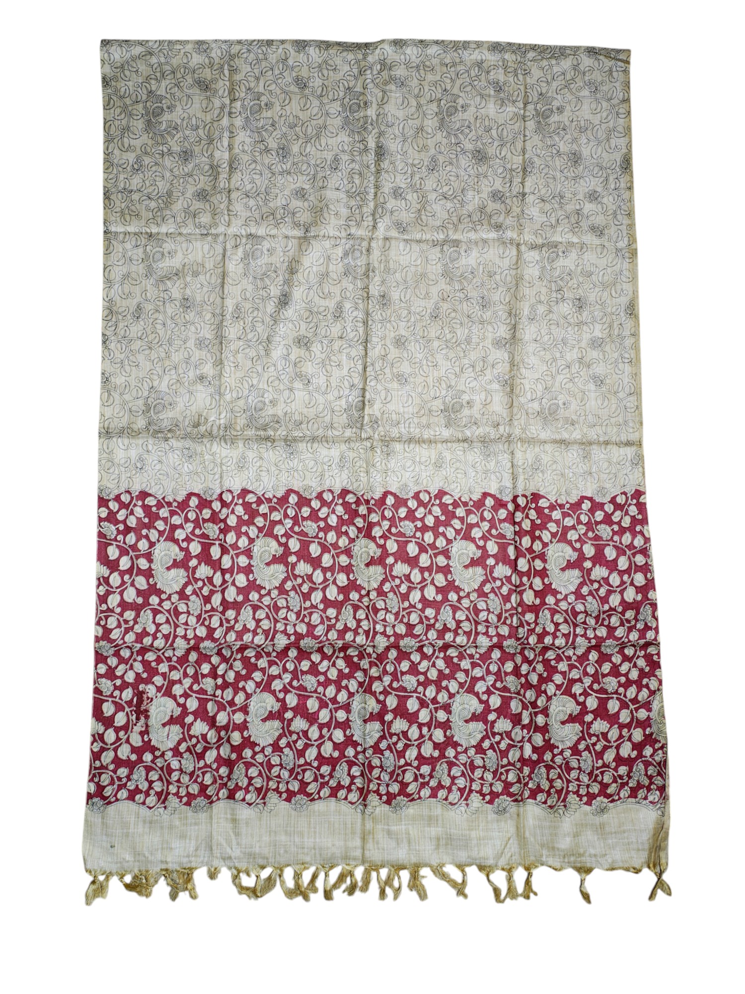 Marron & Green Madhubani Print Cotton Silk Dupatta for Women