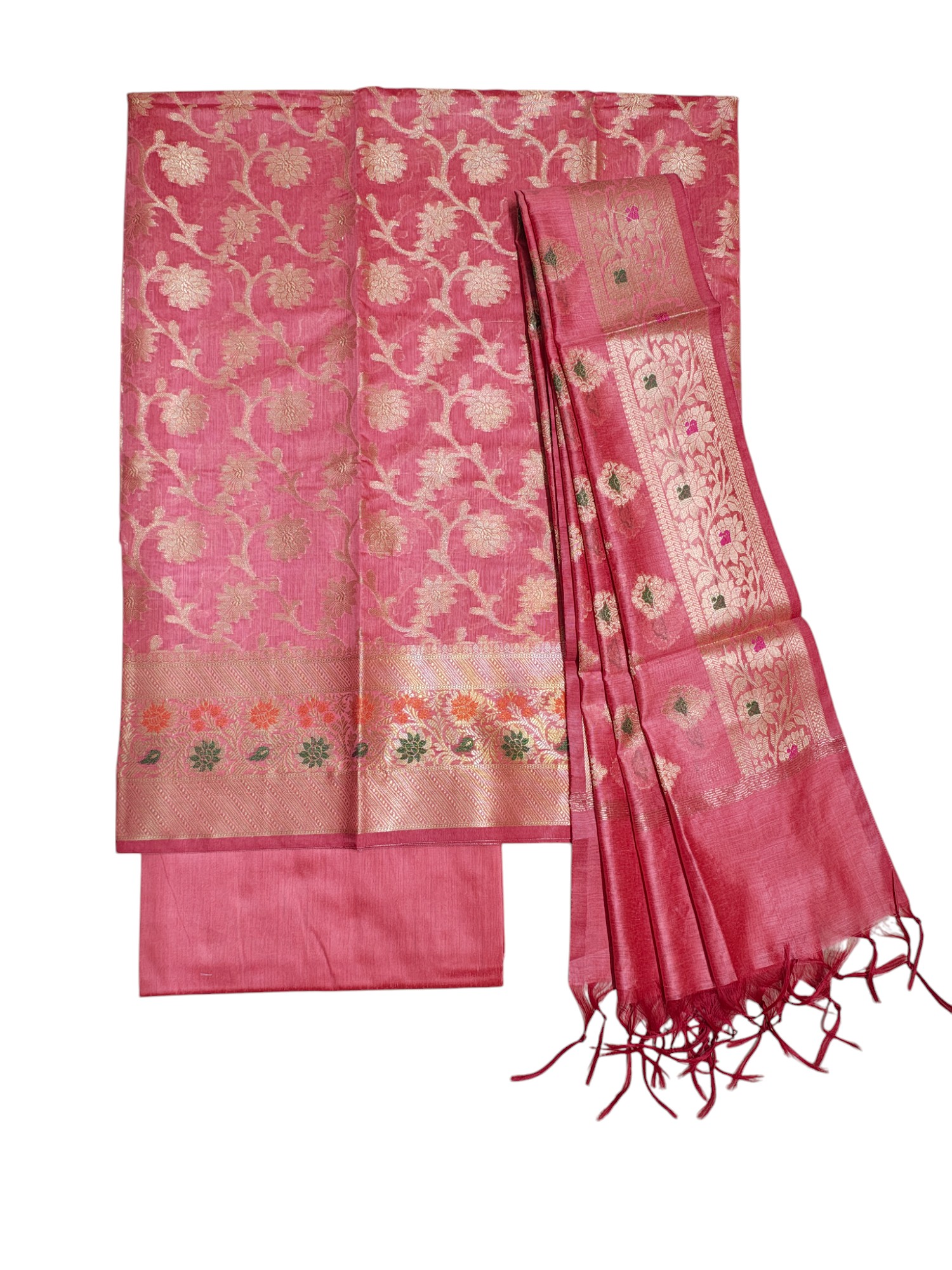 Peach Unstitched Banarasi Cotton Silk Dress Material for Women