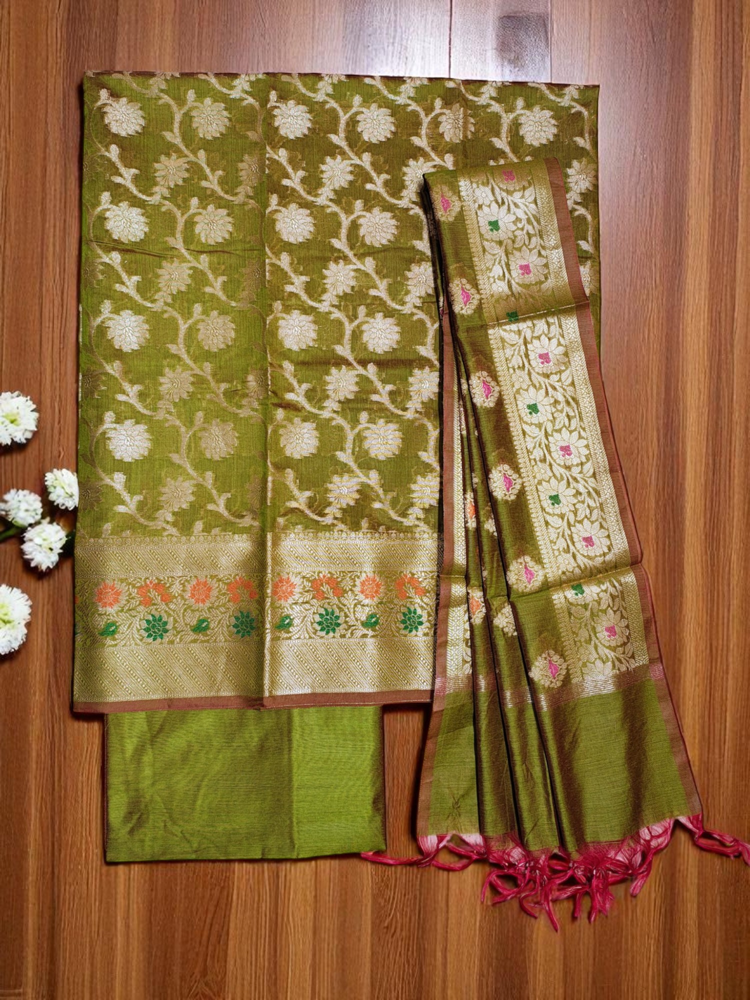 Green Unstitched Banarasi Brocade Cotton Silk Dress Material for Women