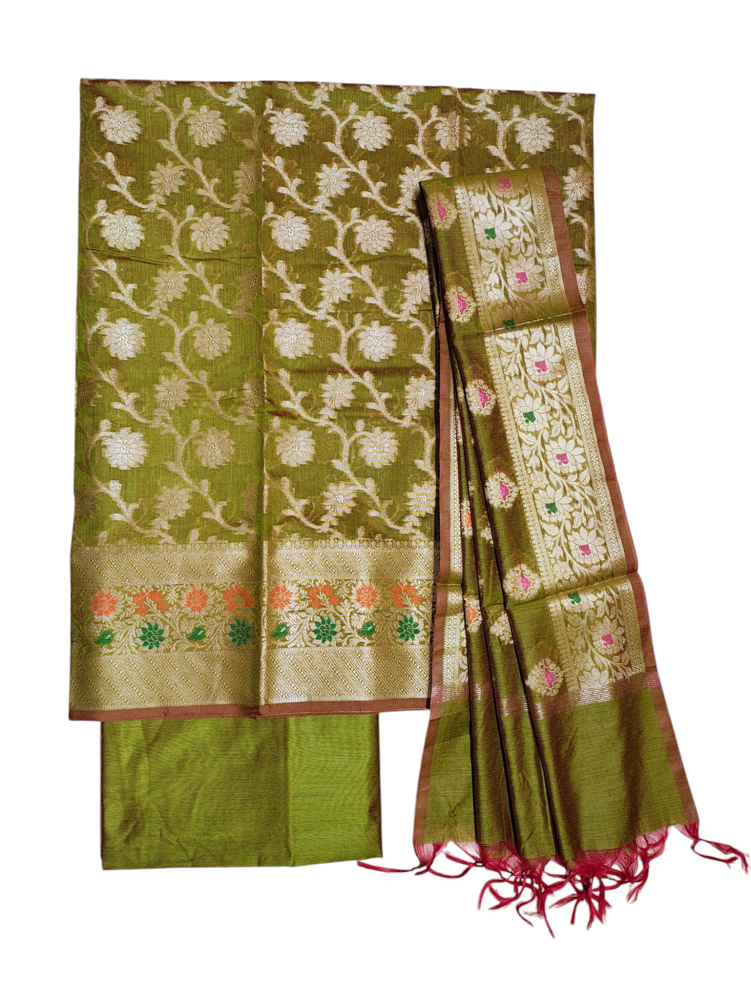 Green Unstitched Banarasi Brocade Cotton Silk Dress Material for Women